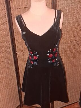 Francesca's Collections Black Velvet Mini Dress with Red Rose Embroidery